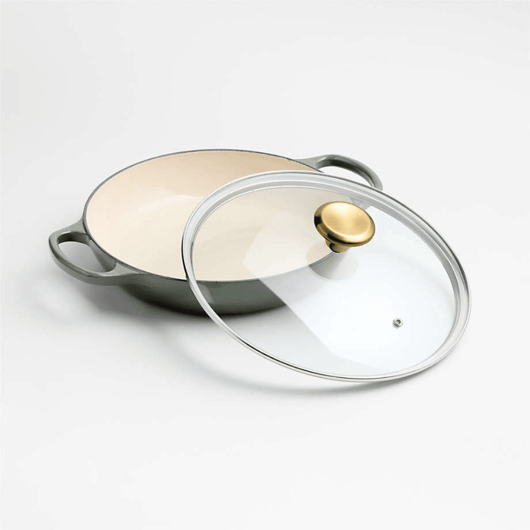3.5-Quart Enameled Cast Iron Braiser with Gold-Knob Vented Glass Lid - Thyme Green