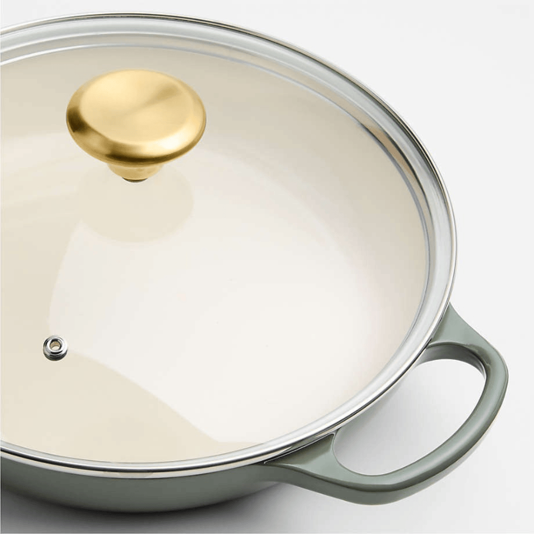 3.5-Quart Enameled Cast Iron Braiser with Gold-Knob Vented Glass Lid - Thyme Green