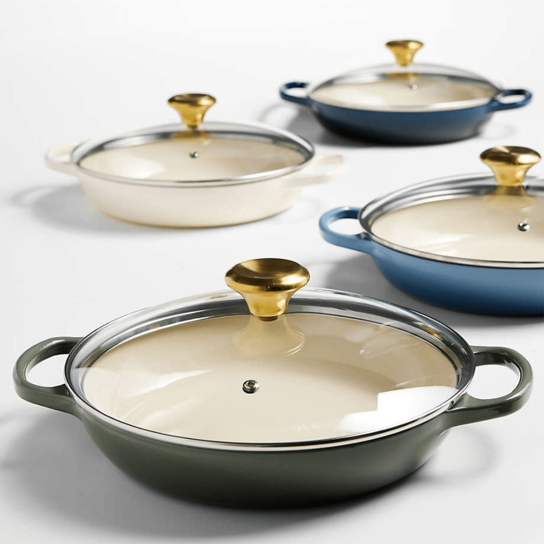 3.5-Quart Enameled Cast Iron Braiser with Gold-Knob Vented Glass Lid - Chambray