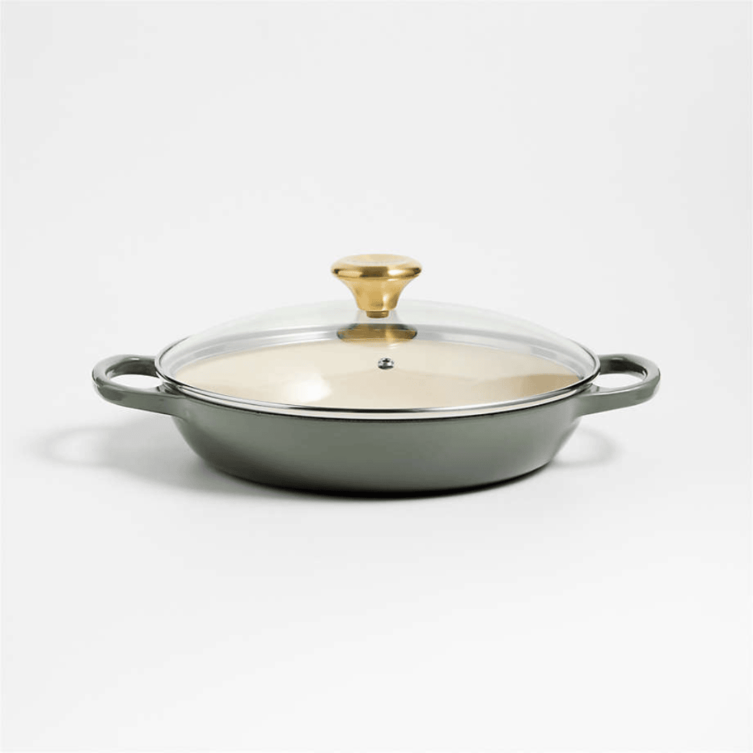 3.5-Quart Enameled Cast Iron Braiser with Gold-Knob Vented Glass Lid - Thyme Green