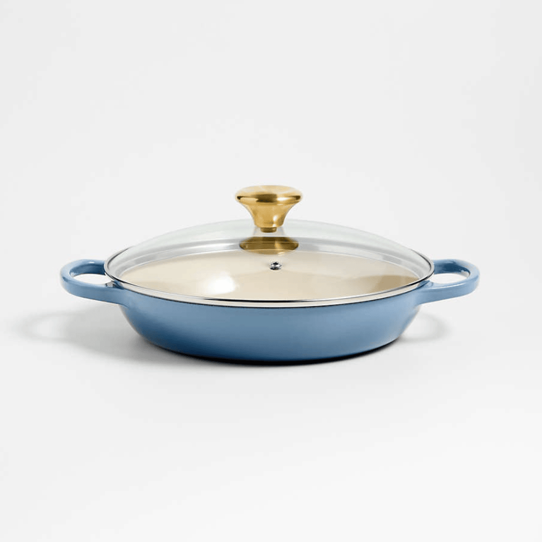3.5-Quart Enameled Cast Iron Braiser with Gold-Knob Vented Glass Lid - Chambray
