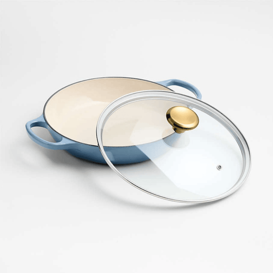 3.5-Quart Enameled Cast Iron Braiser with Gold-Knob Vented Glass Lid - Chambray