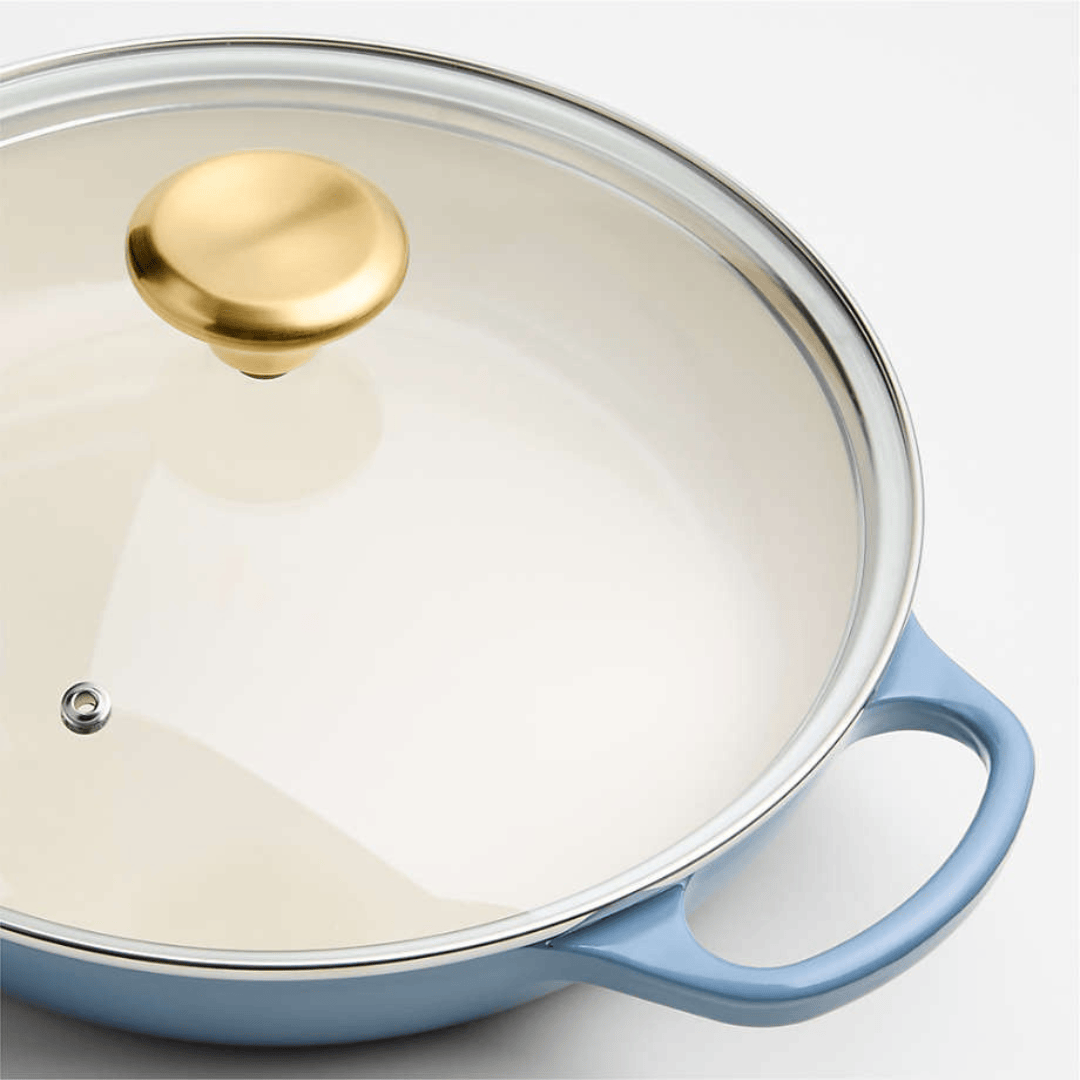 3.5-Quart Enameled Cast Iron Braiser with Gold-Knob Vented Glass Lid - Chambray