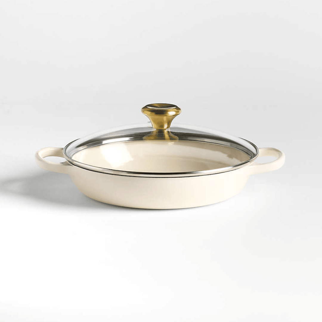 3.5-Quart Enameled Cast Iron Braiser with Gold-Knob Vented Glass Lid - Cream