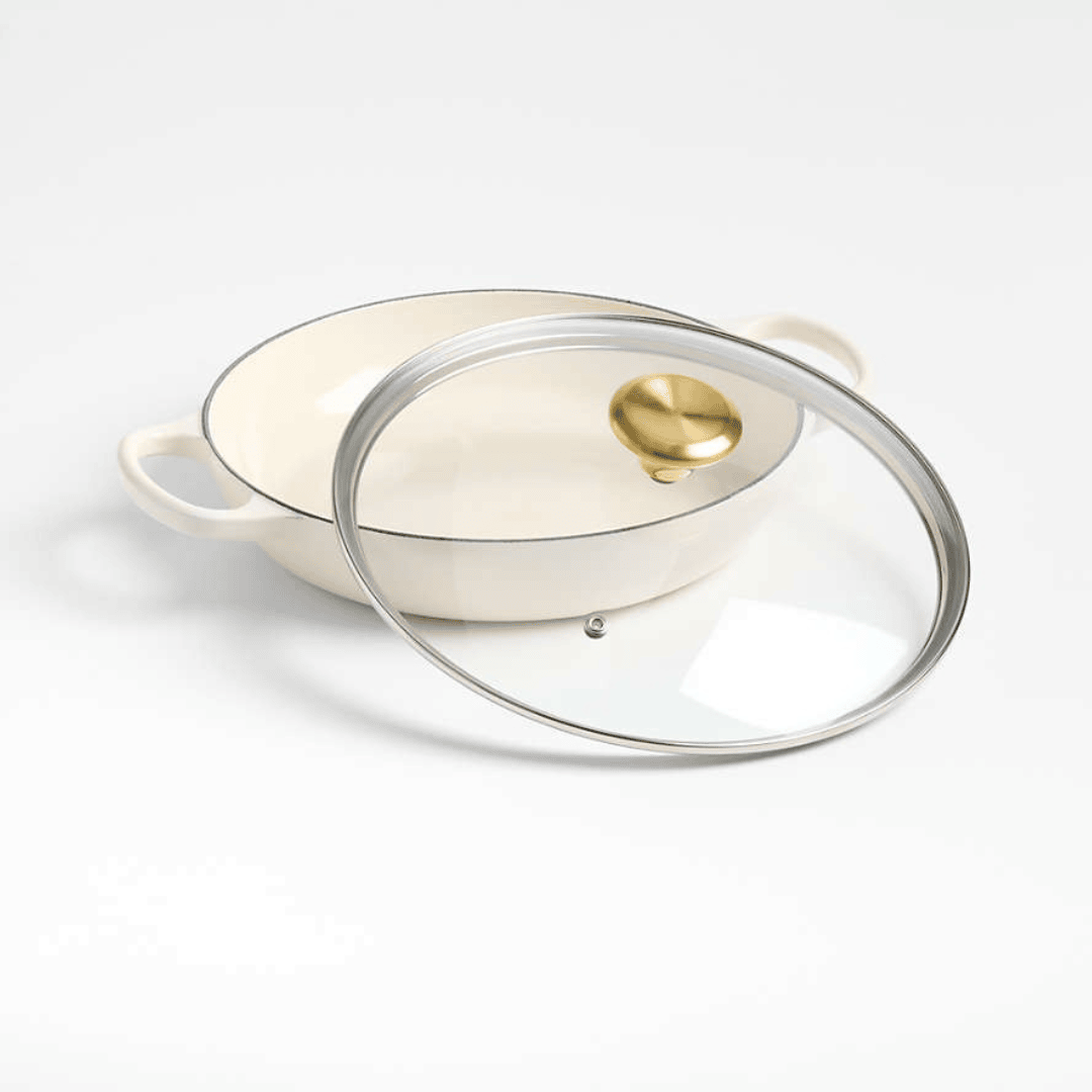 3.5-Quart Enameled Cast Iron Braiser with Gold-Knob Vented Glass Lid - Cream