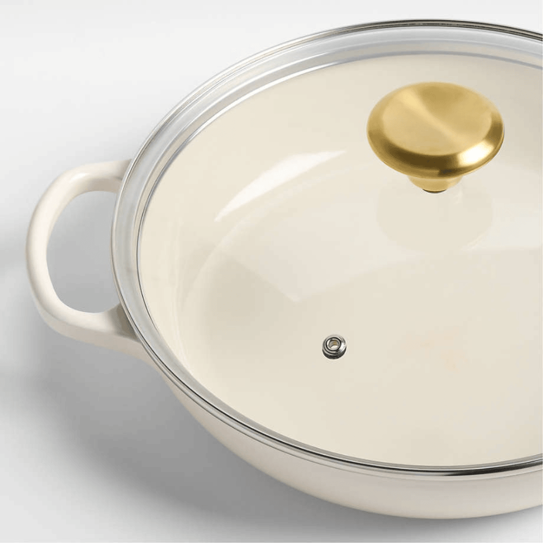 3.5-Quart Enameled Cast Iron Braiser with Gold-Knob Vented Glass Lid - Cream