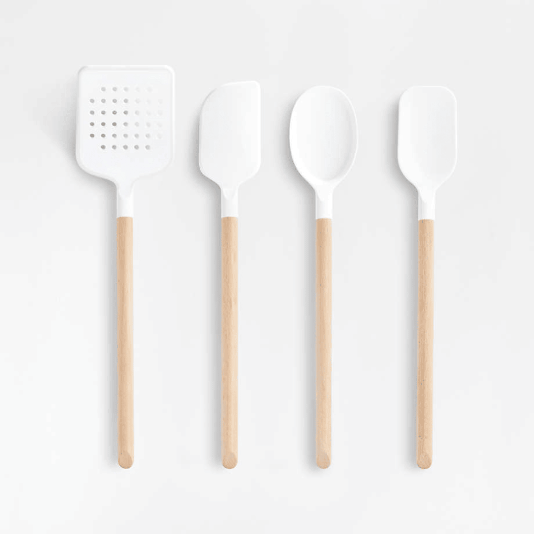 Non-Stick Heat-Resistant Silicone & Wood Cooking Utensils Set - White