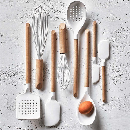 Non-Stick Heat-Resistant Silicone & Wood Cooking Utensils Set - White