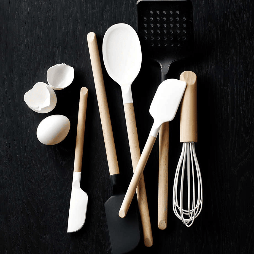 Non-Stick Heat-Resistant Silicone & Wood Cooking Utensils Set - Black