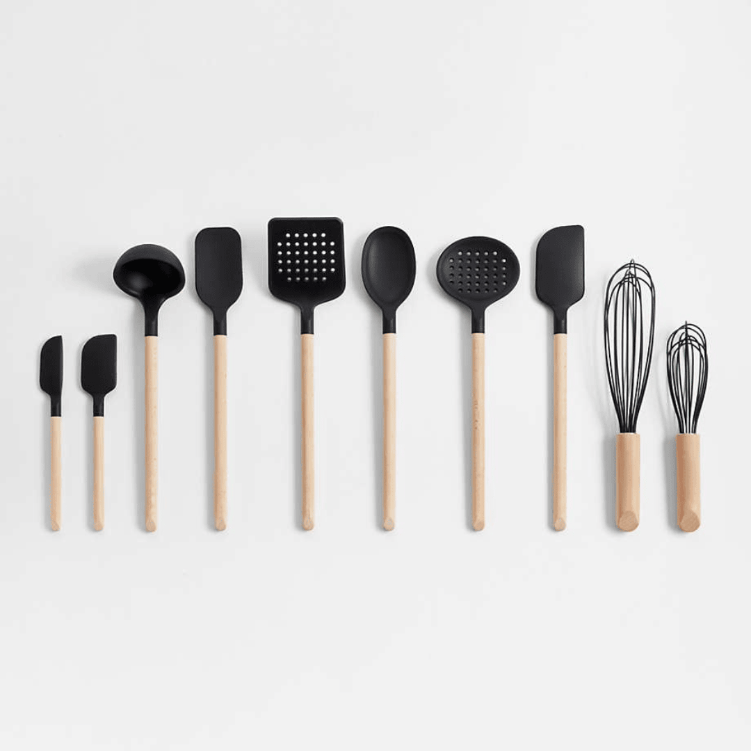 Non-Stick Heat-Resistant Silicone & Wood Cooking Utensils Set - Black
